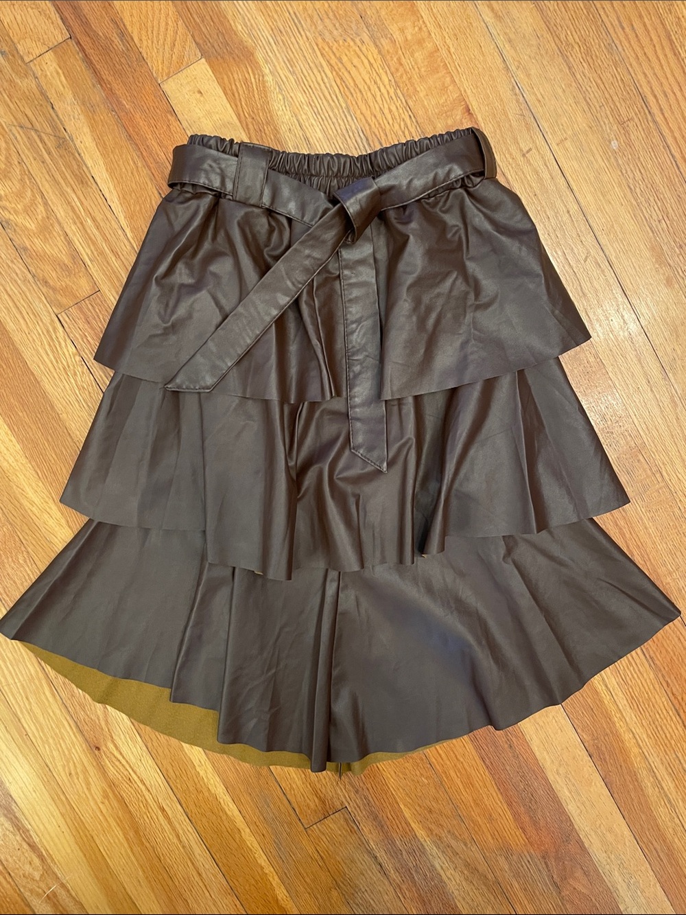 Chocolate Brown Tiered Faux-Leather Belted Skirt Feminine Goth Avant Garde Fun